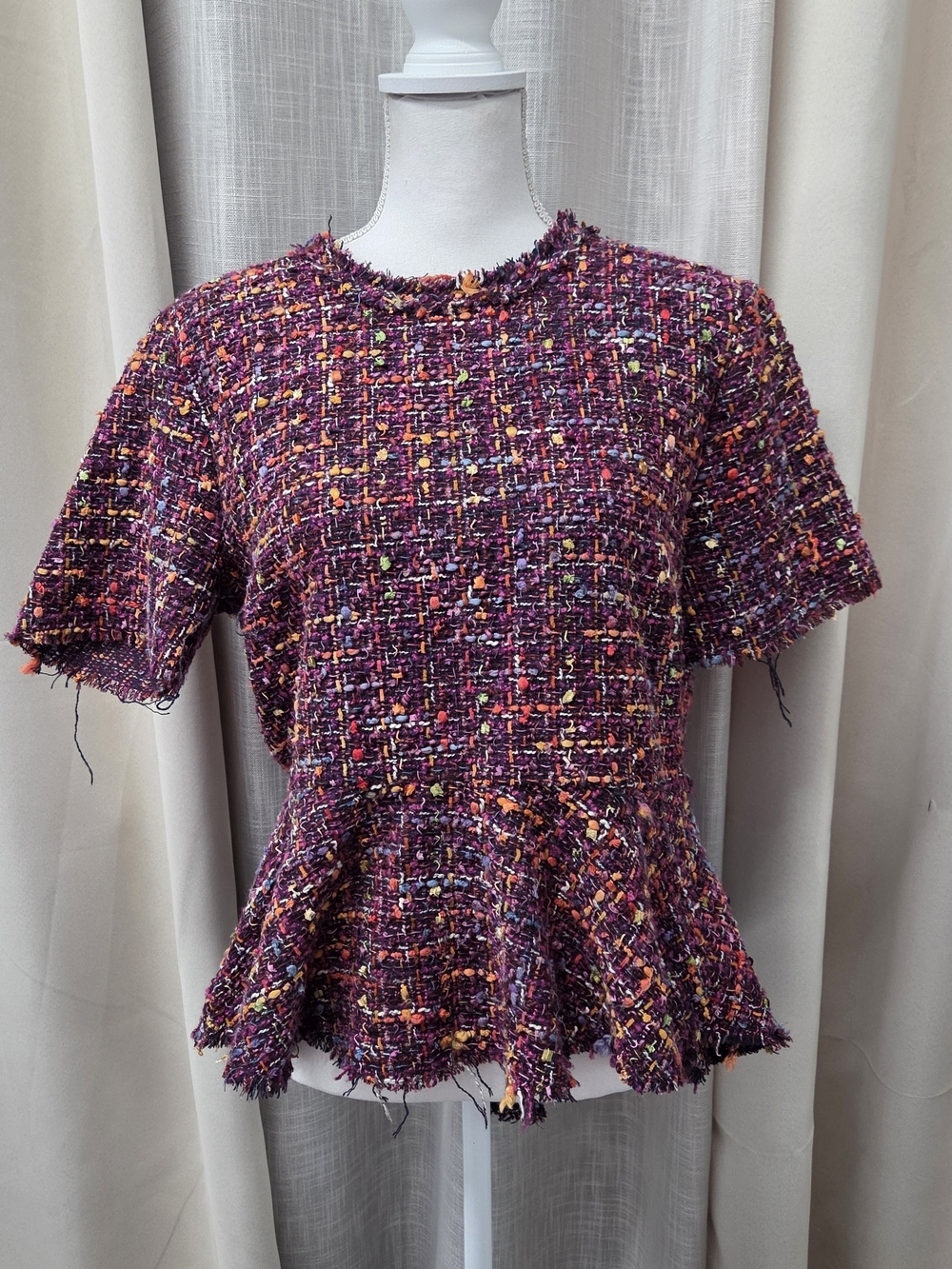 Zara Purple Tweed Peplum Top L Confetti Knit Eclectic Chic Effortless Elegance